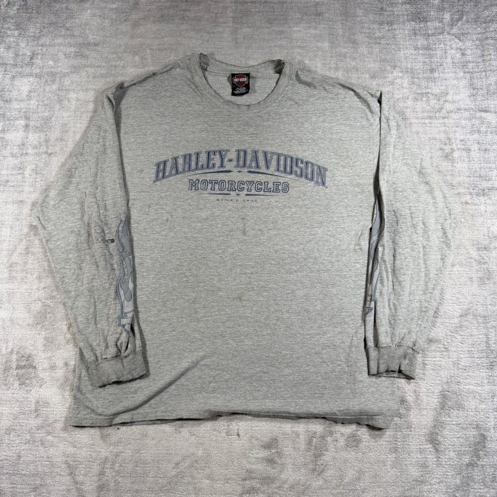 Harley Davidson Shirt Mens XL Gray Vintage Flame Long Sleeve South Bend Biker